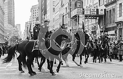 Annual Veteran`s Day Parade in New York; NYPD Horseback police Editorial Stock Photo