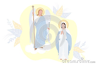 Annunciation of the Most Holy Theotokos. Virgin Mary, Mother of Christ in a blue maforia and Archangel Gabriel with a lily on a Vector Illustration