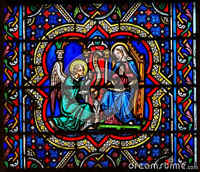 Annunciation Stained Glass in Notre Dame, Paris Stock Photo