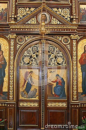 Annunciation of the Virgin Mary, detail of Iconostasis in Greek Catholic Co-cathedral of Saints Cyril and Methodius in Zagreb Editorial Stock Photo