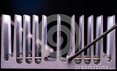 Anodized aluminum coolers isolated on black background. Alu heat sinks for cooling of electronic components as chipsets Stock Photo