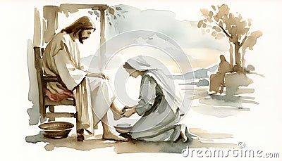 Anointed by Mary. Passion Wednesday. Watercolor Biblical Illustration Stock Photo