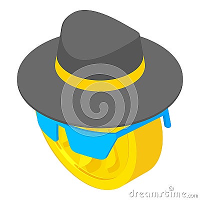 Anonymity concept icon isometric vector. Man hat sunglasses on gold crypto coin Stock Photo