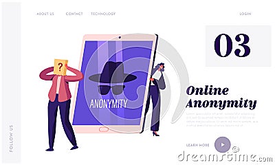 Anonymity Landing Page Template. Tiny Female Character at Huge Tablet Pc Device with Anonymous Unrecognizable Profile Vector Illustration