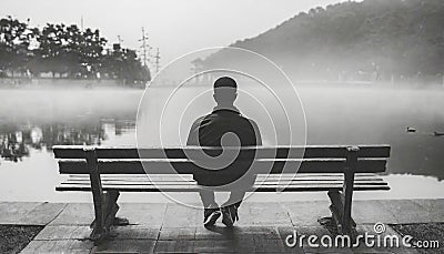 Anonymous black person sitting on bench in foggy park - Illegal immigration concept Stock Photo