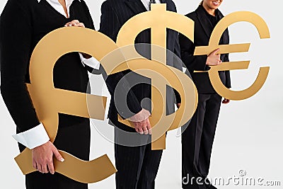 Anonymous Business People Holding Currency Pound Dollar Euro Symbols Stock Photo