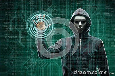 Anonymous computer hacker over abstract digital background. Obscured dark face in mask and hood. Data thief, internet Stock Photo