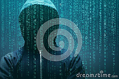 Anonymous computer hacker over abstract digital background. Obscured dark face in mask and hood. Data thief, internet Stock Photo