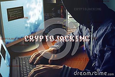 Anonymous hacker without a face is trying to steal cryptocurrency using a computer. Fraud and deception at Cryptojacking Stock Photo