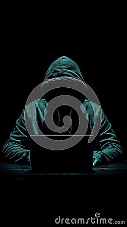 Anonymous Hacker with Laptop in Dark Room. Generative ai Cartoon Illustration