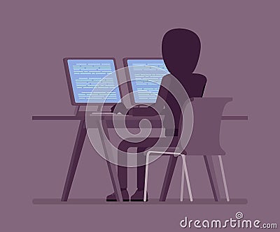 Anonymous hacker man with hidden face at computer Vector Illustration