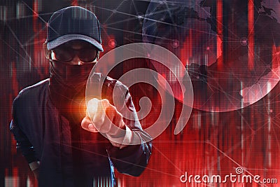 Anonymous hacker pointing computer screen Stock Photo