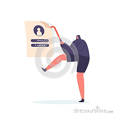 Anonymous Hacker or Robber with Crowbar Stealing Password and Username Information. Cyber Crime Concept Vector Illustration