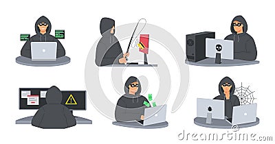 Anonymous hooded hacker. Cyber attacker hides his identity and creates computer virus, phishing attack and information Vector Illustration