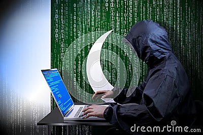 Anonymous hooded hacker, flag of Pakistan, binary code - cyber attack concept Stock Photo