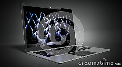 Anonymous hooded hackers on laptop screen Stock Photo