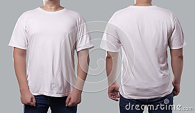 Anonymous male in blank black t-shirt, front and back view, isolated over gray background. Design men shirt mock up template or Stock Photo