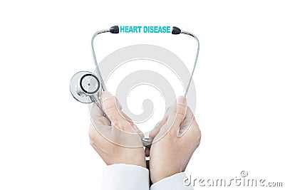 Anonymous male doctor with heart disease text Stock Photo