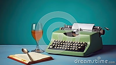 Anonymous person at table with glass of wine and old typewriter with two colored background, Generative AI Stock Photo