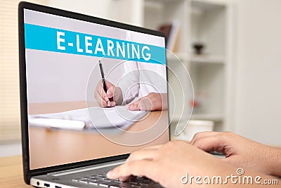 Anonymous person typing on laptop with e learning digital web program displayed on screen. Online education, e-learning Stock Photo