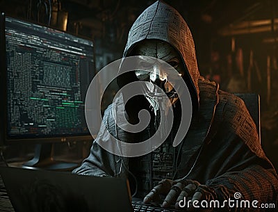 Anonymous robot hacker typing computer laptop. Concept of hacking cybersecurity, cybercrime, cyberattack, etc Stock Photo