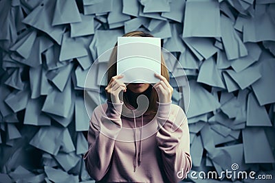 Anonymous woman covers face with paper, creating a mysterious aura Stock Photo