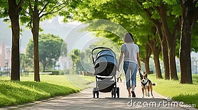 Anonymous woman with stroller and dog walking together in summer. Generative AI Stock Photo