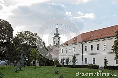 anorama of the istorijski arhiv, the national archive, and the Vmuc Dimitrije orthodox church in Sremska Mitrovica, in the city Stock Photo