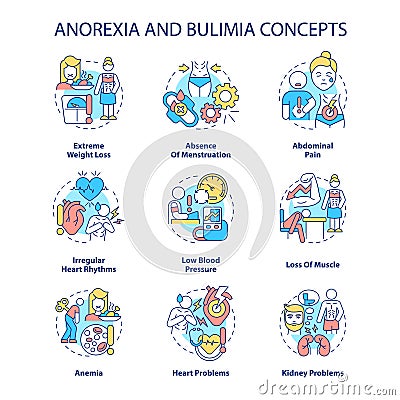Anorexia and bulimia concept icons set Vector Illustration