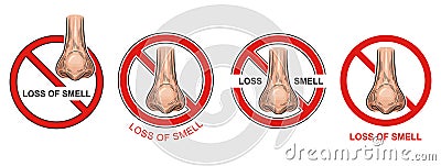 Anosmia, loss ability to smell icon set. Covid-19 infection disease symptom. Nose organ of scent. Warning sign. Vector Vector Illustration