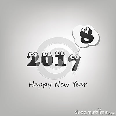 Another Year Passed - Numerals with Rolling Eyes - Abstract Black and White Modern Style Funny Happy New Year Greeting Card or Bac Vector Illustration