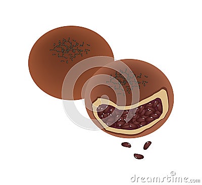 Anpan Bun or Round Bread with Black Sesame Vector Illustration