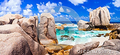 Anse Marron - impressive rocky wild beach in La digue island, Se Stock Photo