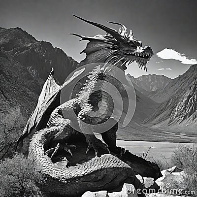 Ansel Adams Black and White Photo Yosemite National Park Dragon Photo Dinosaur AI Fine Art Surreal Print Stock Photo