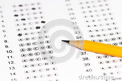 Answer sheet form with pencil on table, close up. Concept of passing exam Stock Photo