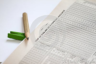 Answer sheet for Test exam. TOEFL practice questions. Learning English. Stock Photo