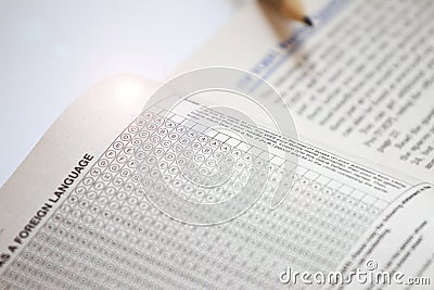 Answer sheet for Test exam. TOEFL practice questions. Learning English. Stock Photo