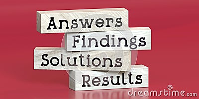 Answers, findings, solutions, results - words on wooden blocks Cartoon Illustration