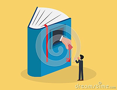 Answers search, Business searching solutions. Businessmen looking for key skills from books Vector Illustration