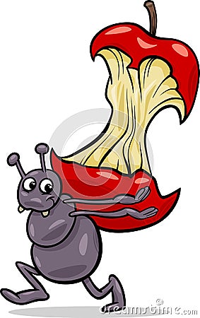 Ant with apple core cartoon illustration Vector Illustration