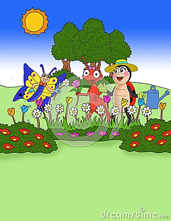 Ant butterflies and lady bugs pick flowers in the garden illustration Cartoon Illustration