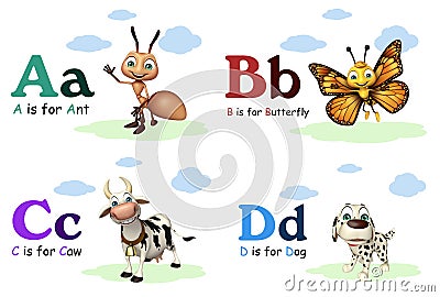 Ant, Butterfly, Caw and Dog with Alphabate Cartoon Illustration
