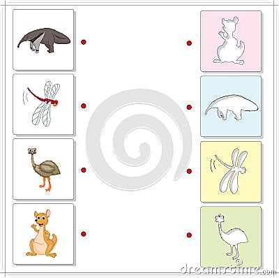 Ant-eater, dragonfly, emu and kangaroo. Educational game for kid Vector Illustration