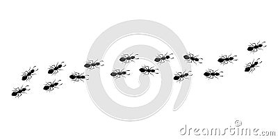 Ant icon, small pest trail, black insect marching, animal colony, black silhouettes bug top view. Vector illustration Vector Illustration