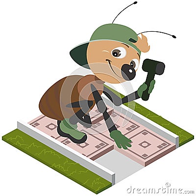 Ant worker laying pavement tiles. Vector cartoon Vector Illustration