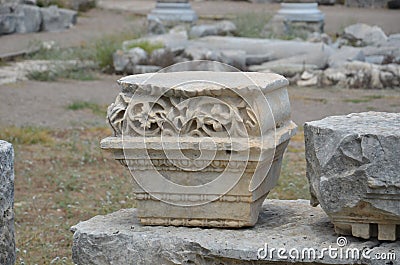 Antalya Perge ancient city, the agora, the ancient Roman Empire, embroidered column base Stock Photo