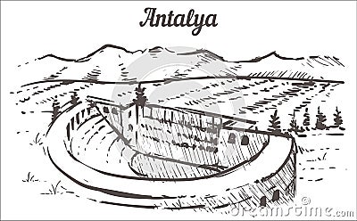 Antalya skyline sketch. The ancient city of Aspendos Antalya, Turkey hand drawn Cartoon Illustration