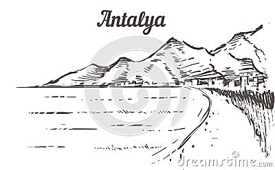 Antalya skyline sketch. Antalya, Turkey beach hand drawn Cartoon Illustration