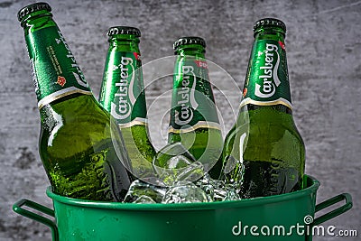 Antalya, Turkey - April 4, 2024: Carlsberg Beer bottles in bucket with ice Editorial Stock Photo