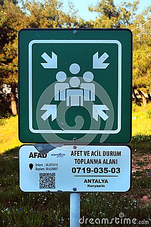 Antalya, Turkey - April 13, 2022: Sign of emergency assembly meeting point, installed by Disaster and Emergency Management Editorial Stock Photo